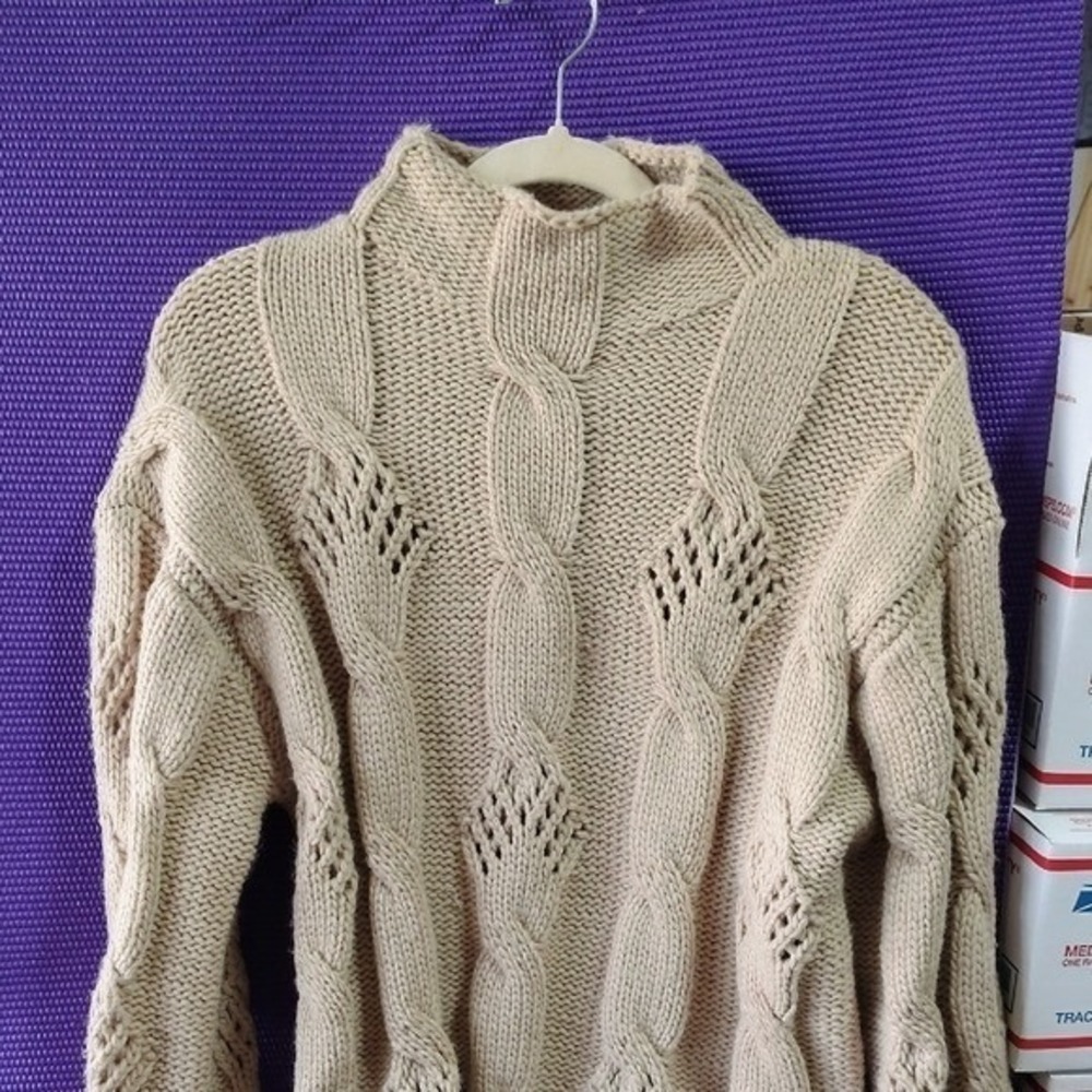 Zara Womens Beige Chunky Cable Knit Mock Neck Pointelle Sweater Size Small S